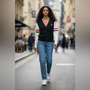 Thom Browne Black and White Cardigan with Red Stripes